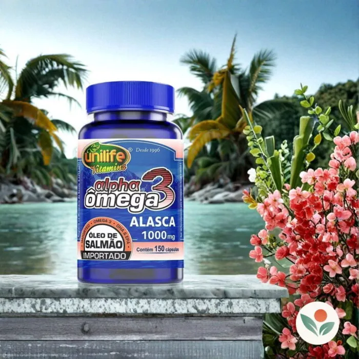Frasco do suplemento Alpha Ômega 3 Salmão Unilife 1200mg contendo 150 cápsulas na praia