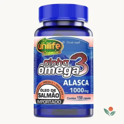 Frasco do suplemento Alpha Ômega 3 Salmão Unilife 1200mg contendo 150 cápsulas
