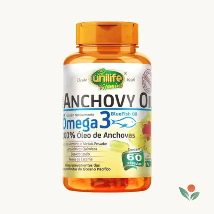Frasco do suplemento Anchovy Oil Unilife 1200mg 60 cápsulas rico em Ômega 3